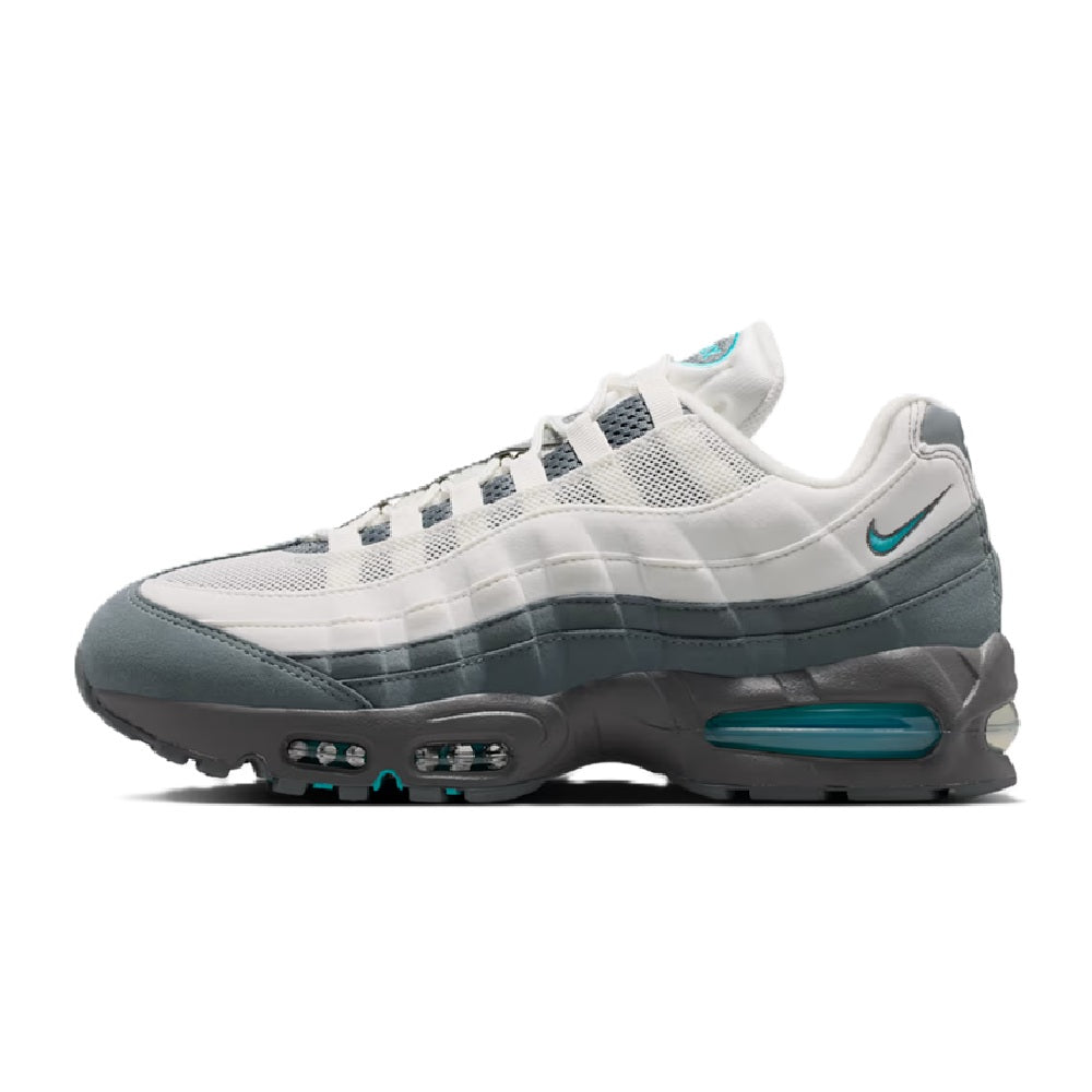 Air Max 95 sneakers, side profile with checkered mesh, Nike Swoosh, teal Air windows