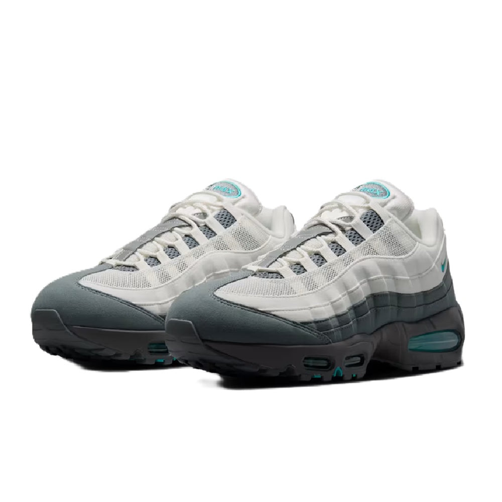 Air Max 95 sneakers, front/3-quarters view with lace-up mesh and teal-tinted midsoles