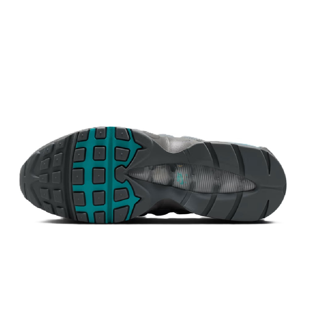 Air Max 95 sneaker outsole, black rubber tread with teal accents and heel grip