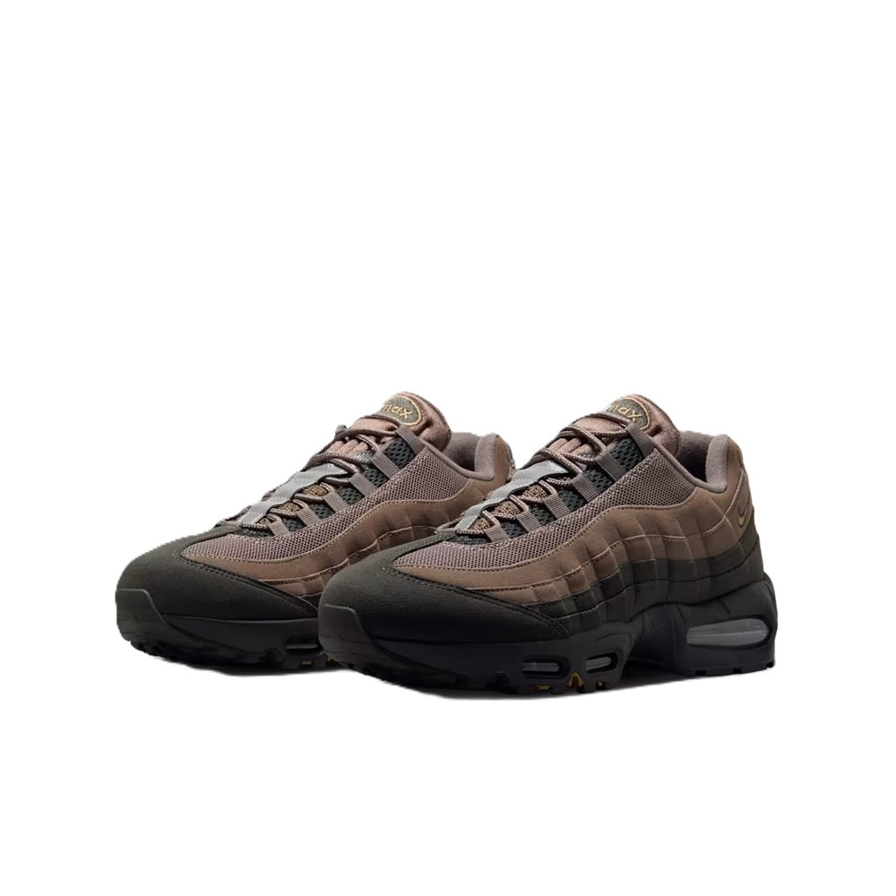 Men's Nike Air Max 95 sneakers pair, lace-up mink brown with black tread soles