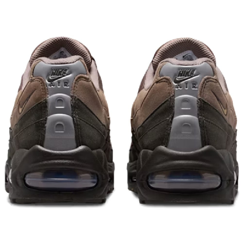 Men's Nike Air Max 95 sneakers heel view, brown leather panels and Air branding