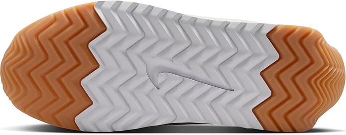 Nike outsole tread in light gray with tan rubber edge on women's sneakers.