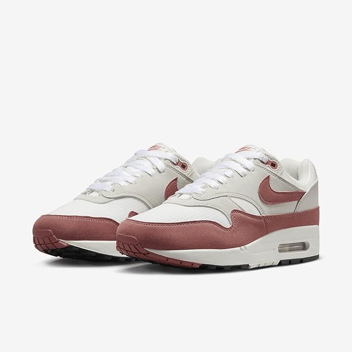 Women's Nike Air Max 1 '87 sneakers pair, white with blush pink toe and side panels