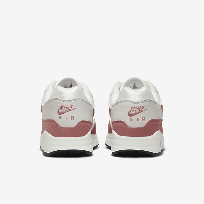 Women's Nike Air Max 1 '87 back view, white heel with blush pink Air logo detail