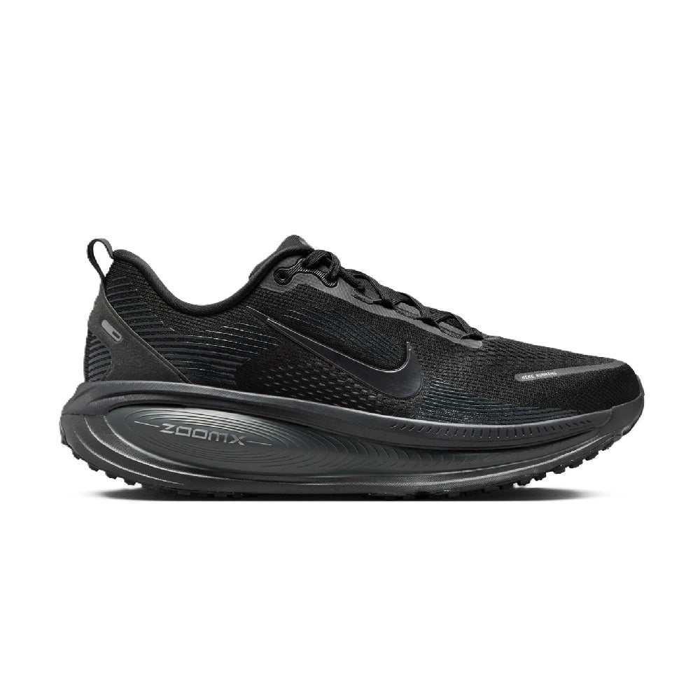 Black Nike running shoes with mesh upper, laced front, and cushioned midsole