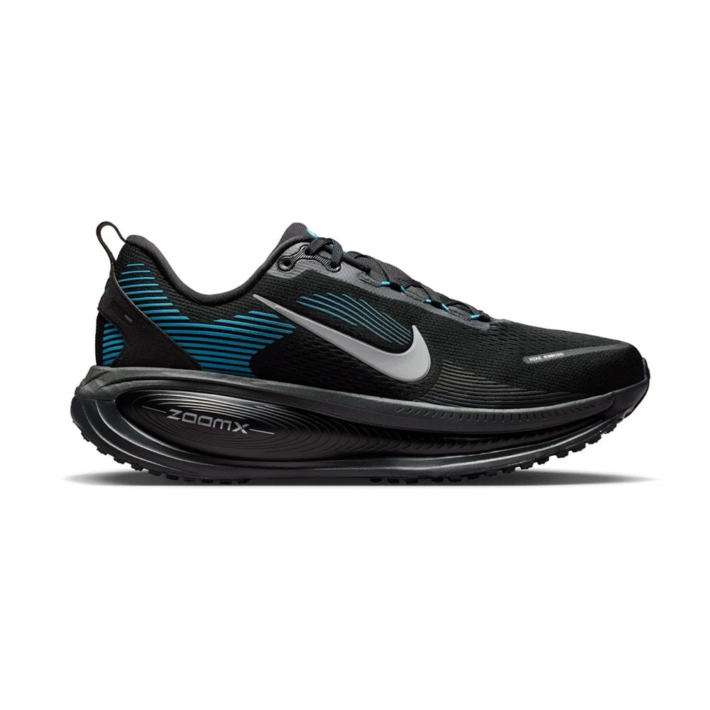 Men's running shoe side view with black mesh upper, silver swoosh, and light blue trim