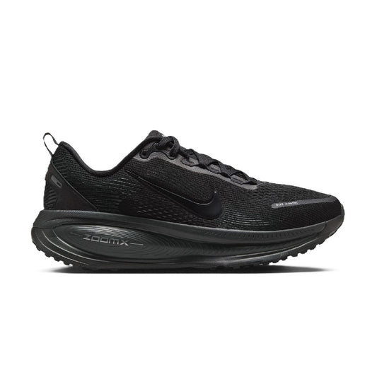 Women's Nike Vomero 18 black running shoes, side view with ZoomX midsole detail