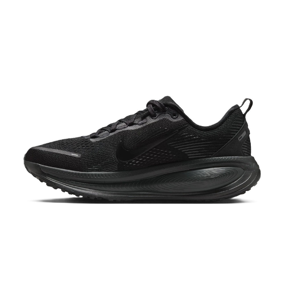Women's Nike Vomero 18 black running shoes, alternate side view with Swoosh logo
