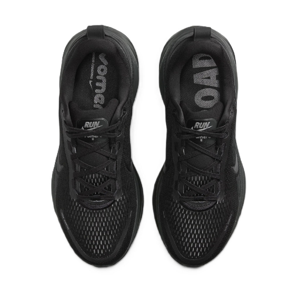 Women's Nike Vomero 18 black sneakers, front view of laces and mesh upper