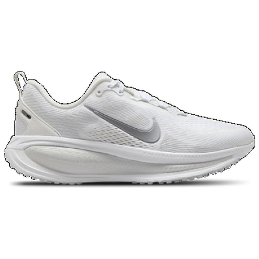 Women's Nike Vomero 18 running shoe in white with metallic silver swoosh