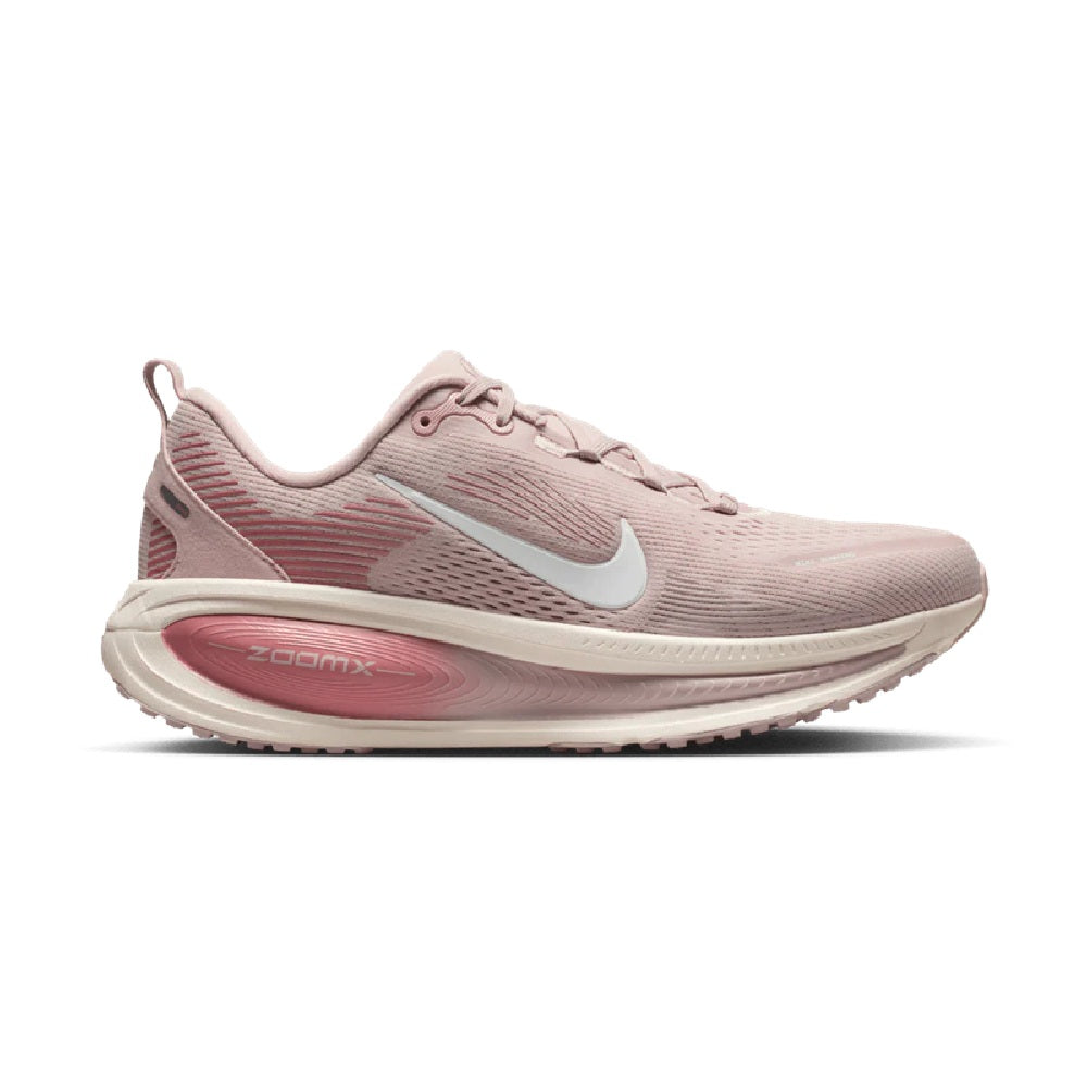 Women's Nike Vomero 18 running shoes, pale pink with red accents and ZoomX midsole