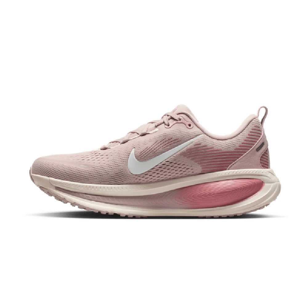Women's Nike Vomero 18 running shoes, pale pink mesh upper with red side stripes