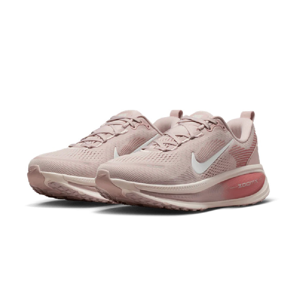 Women's Nike Vomero 18 running shoes, lace-up pale pink with red heel and white midsole