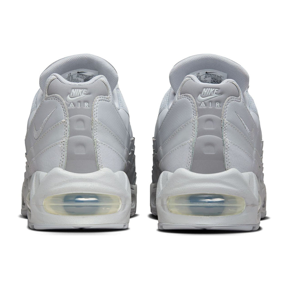 Air Max 95 OG sneakers rear view, wolf grey with heel Air unit windows