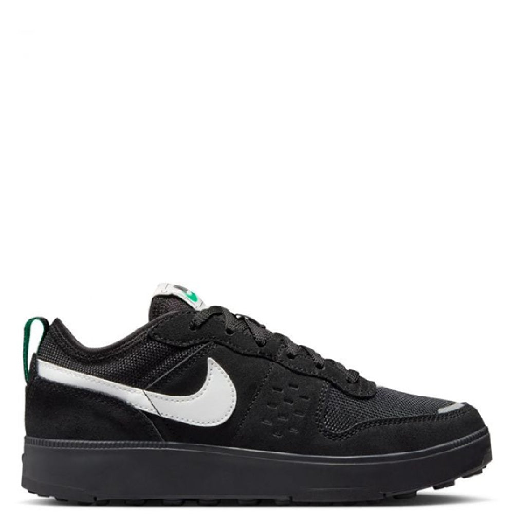 Big kid's Nike C1TY low-top sneaker, black with white Swoosh and green lace loops
