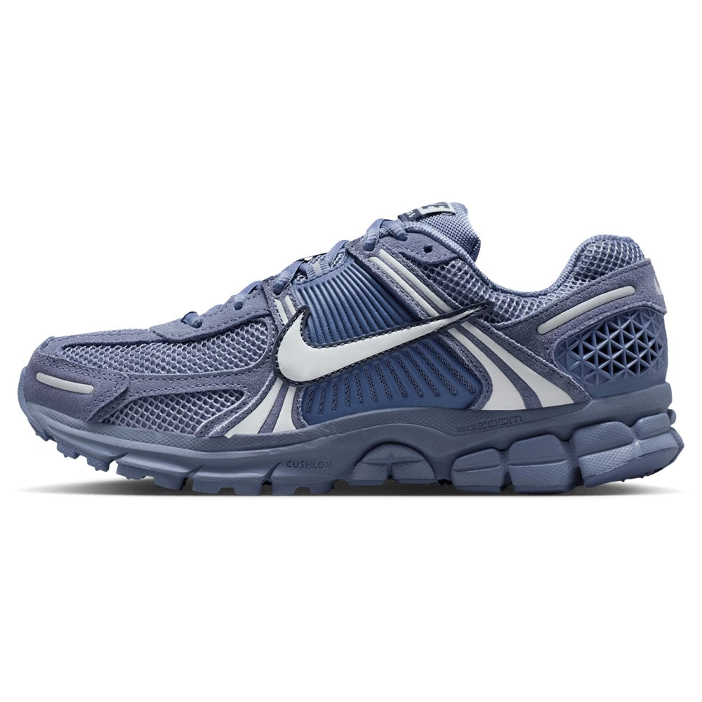 Nike Zoom Vomero 5 low-top sneakers, blue mesh and knit panels with white swoosh and laces