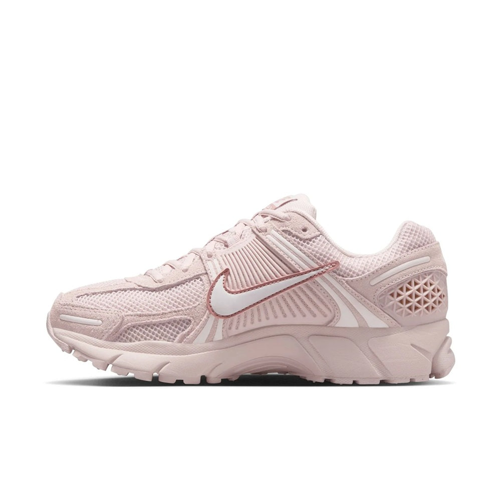 Women's Nike Zoom Vomero 5 running shoes, light pink side profile with pink Swoosh