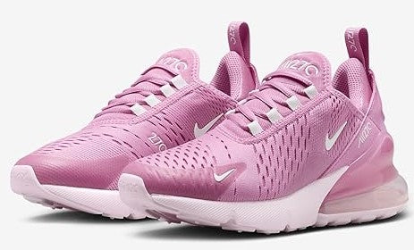 Pink Nike Air Max 270 kids sneakers, two-quarter view with lace-up mesh and Swoosh