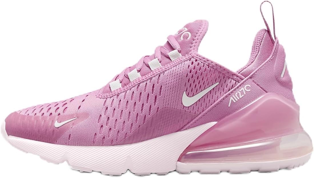 Pink Nike Air Max 270 kids running shoe with lace-up knit upper and Air window sole