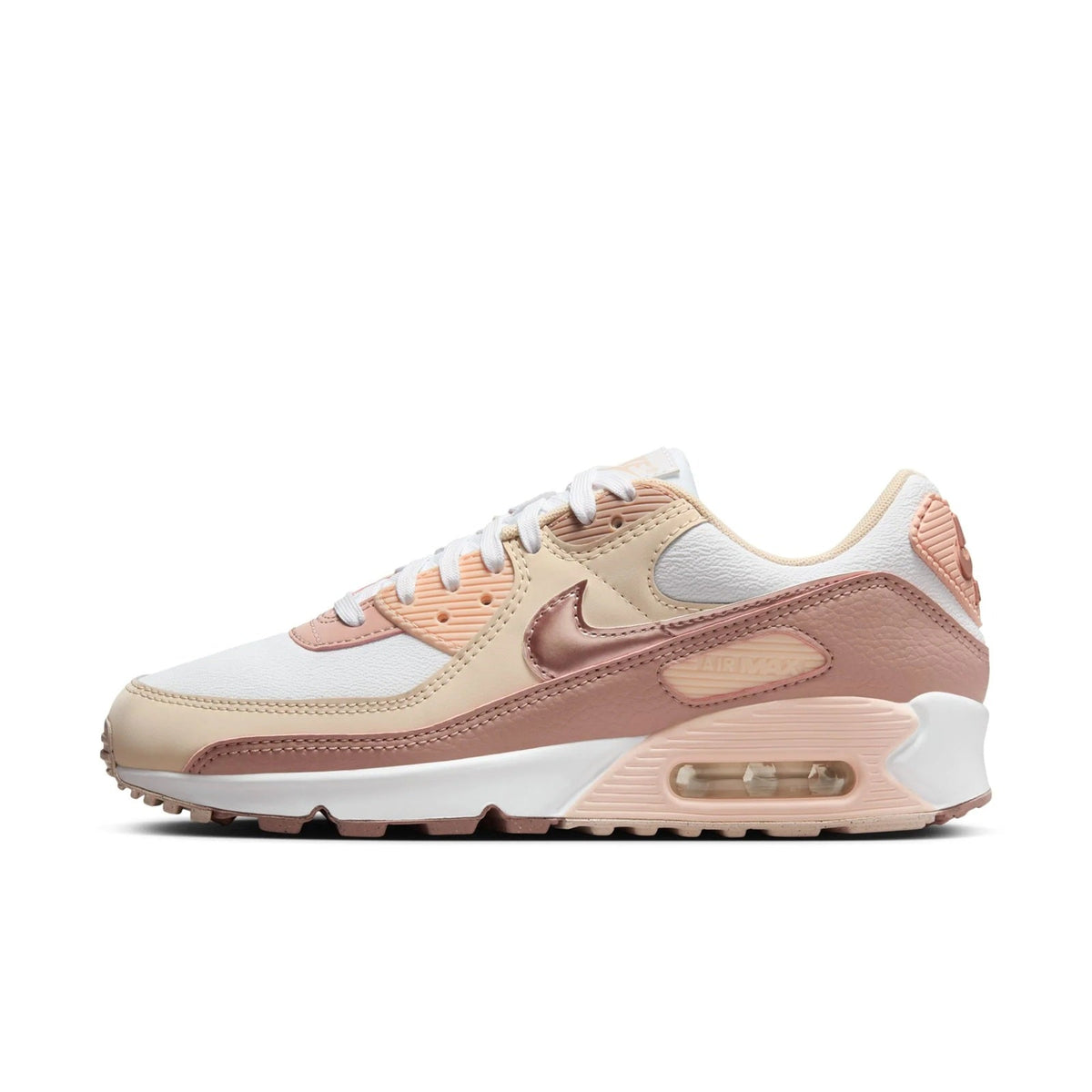 Nike Air Max 90 sneakers, white upper with pink accents, lace-up style, visible air sole