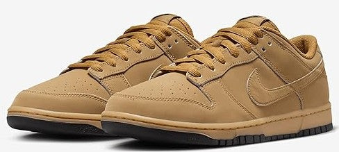 Men's low-top sneakers pair view, tan suede uppers, lace-up eyelets, gum outsole