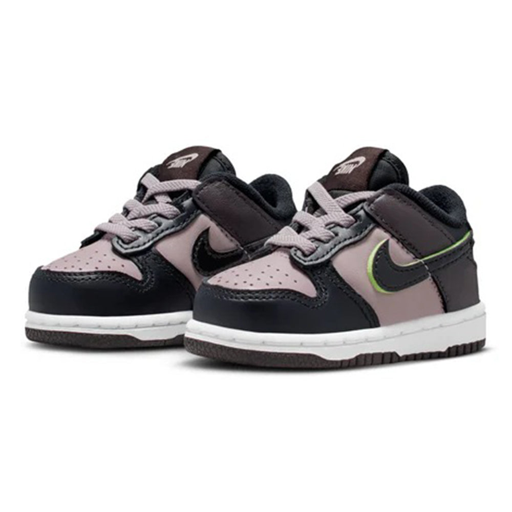 Toddler Nike Dunk Low SE sneaker pair, particle rose, black, neon green accents