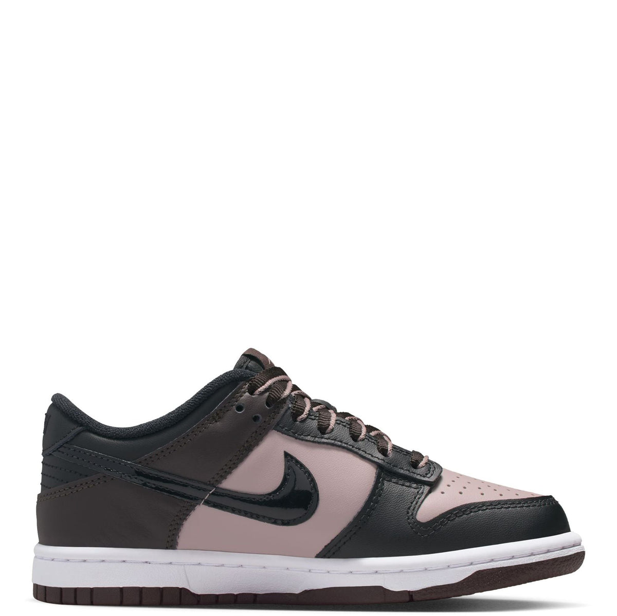 Big kid's Nike Dunk Low SE side view sneakers in black with pink panels and green swoosh