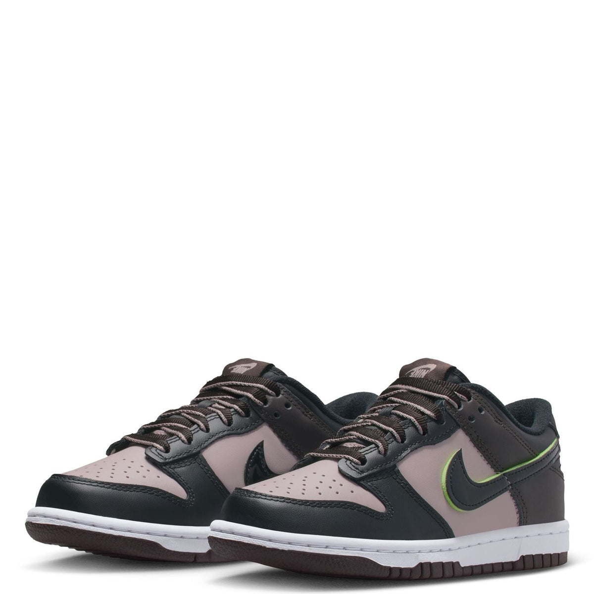 Big kid's Nike Dunk Low SE pair sneakers with pink toe panels, black leather, and green details