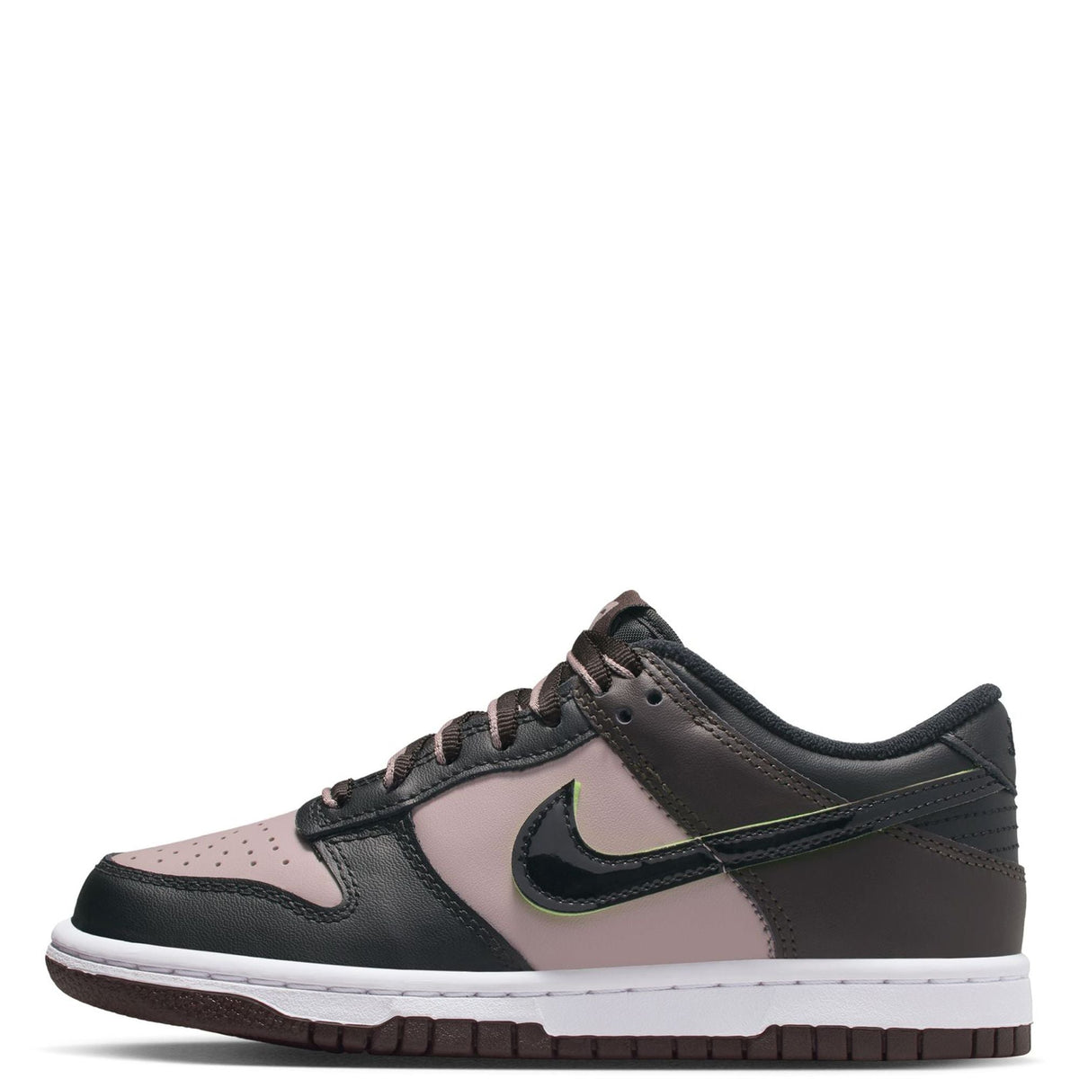 Big kid's Nike Dunk Low SE low-top sneakers with pink toe, black overlays, and green accents