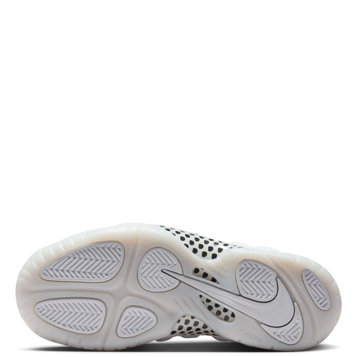 Kids' high-top basketball shoe outsole, white rubber traction pattern with dot accents