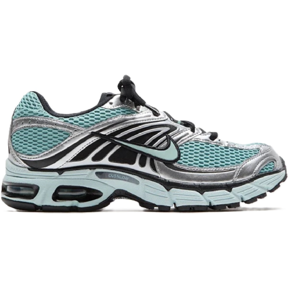 Women's Nike Air Max running sneakers in aqua mesh, black accents, and white midsoles.