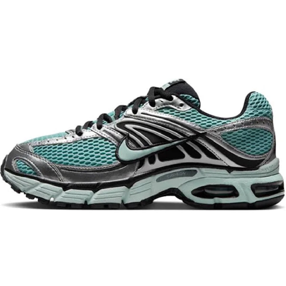 Women's Nike Air Max sneakers, side view with teal mesh, black stripes, and gray laces.