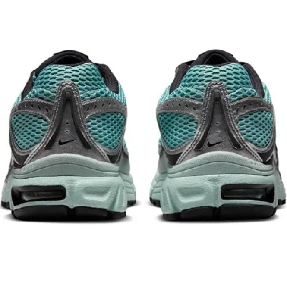 Women's Nike Air Max sneakers heel view with aqua mesh, gray trim, and black heel tabs.