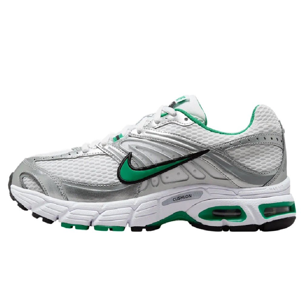 Women's Nike Air Max Moto 2K sneakers in white with green accents, side view.