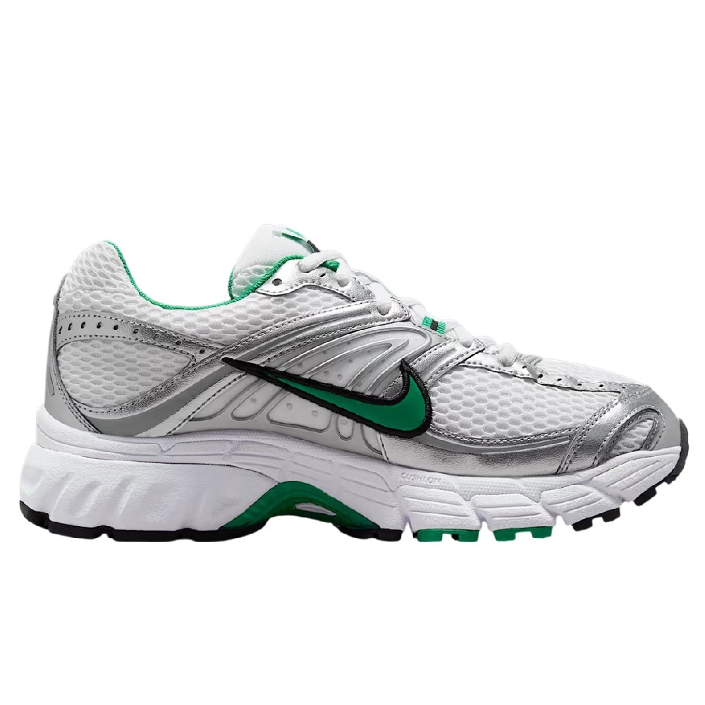 Nike Air Max Moto 2K sneakers with white mesh upper, green swoosh, and lace area.