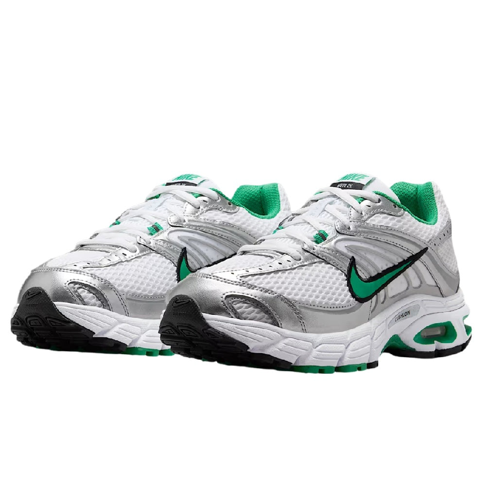 Nike Air Max Moto 2K sneakers, front view with green collar lining and lace-up design.