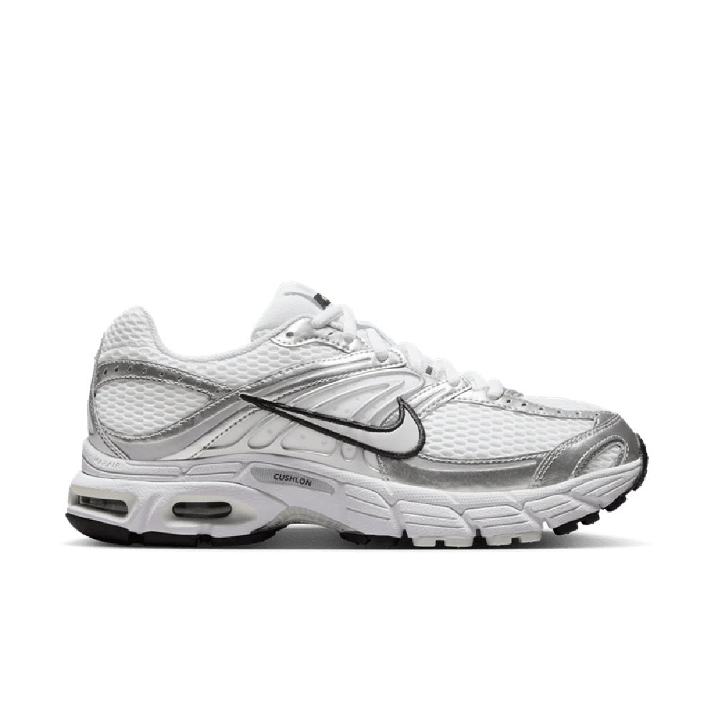 Women’s Nike Air Max Moto 2K sneakers in white with gray accents, lace-up design.
