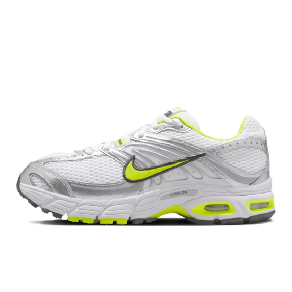 Women's Nike Air Max 2K sneakers, white with neon green accents and silver swoosh