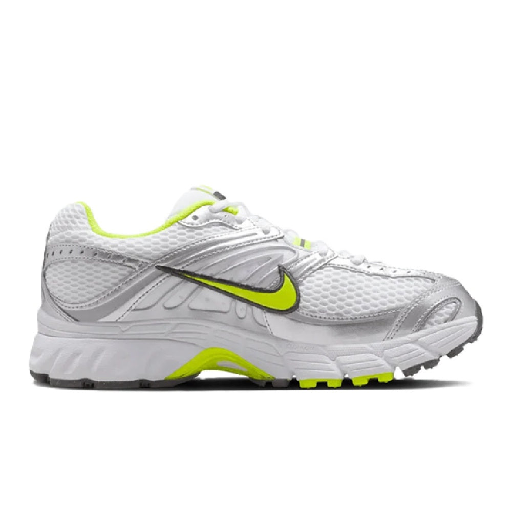 Women's Nike Air Max 2K sneakers, side view in white with neon green trim