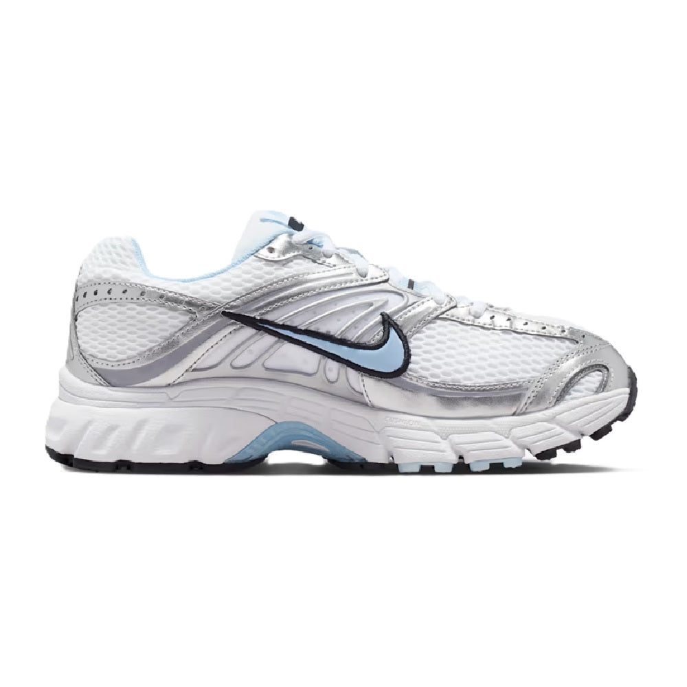 Nike Air Max Moto 2K sneakers, white mesh with blue midsole and black swoosh