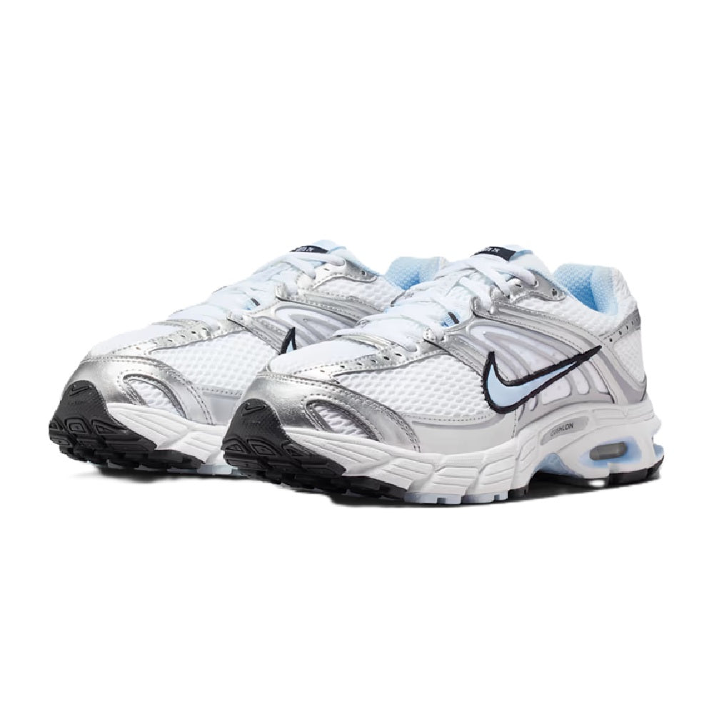 Nike Air Max Moto 2K sneakers, angled view in white with light-blue accents