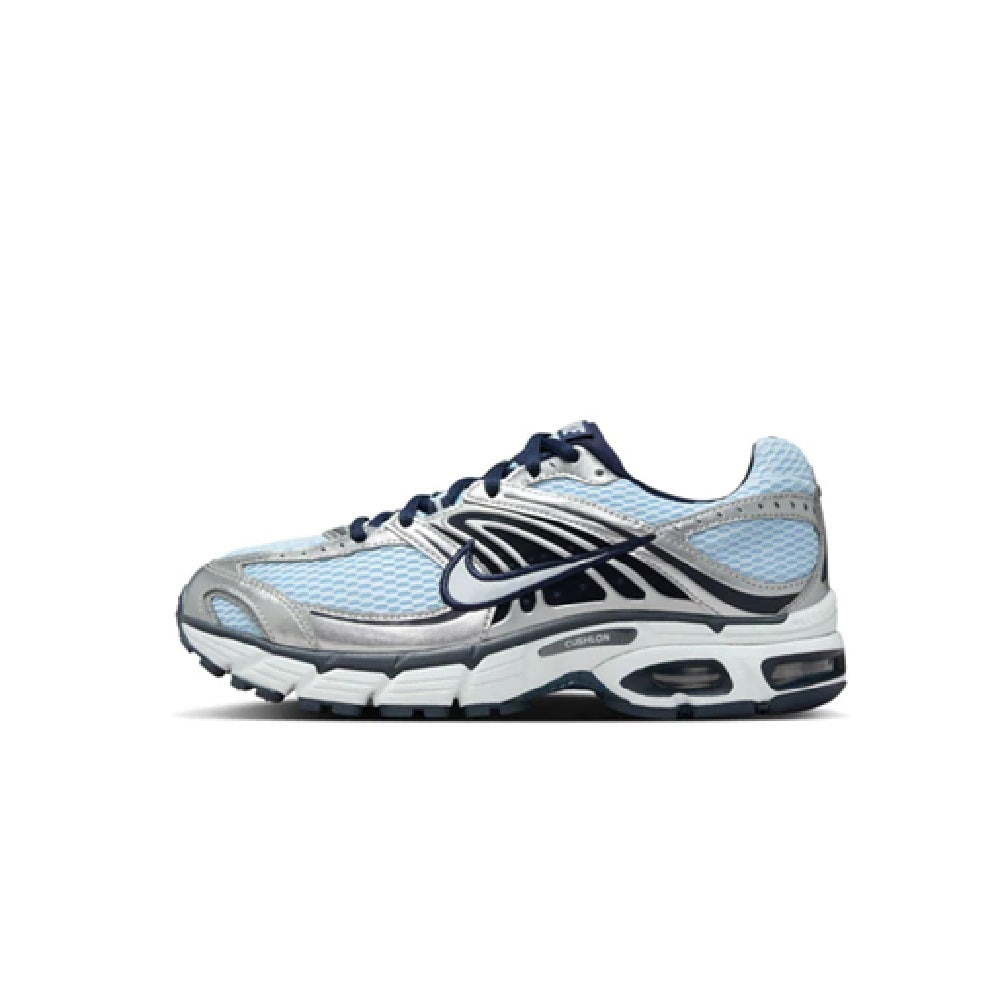 Women's Nike Air Max Moto 2K sneakers, light blue mesh upper, grey midsole, navy swoosh