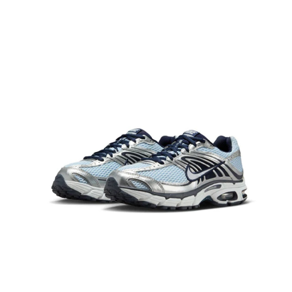 Women's Nike Air Max Moto 2K sneakers, sky blue textile with black swoosh, chunky white sole