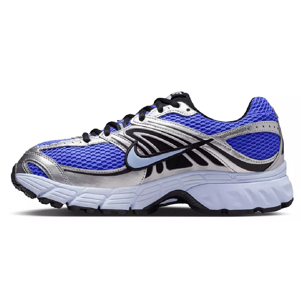 Nike Air Max Moto 2K sneakers, side profile in sapphire blue, silver, and black, lace-up
