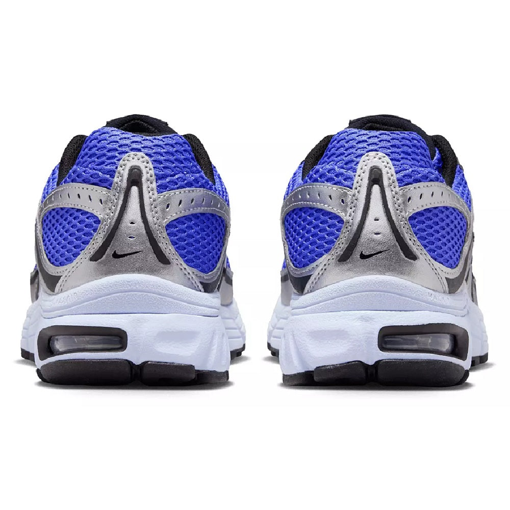 Nike Air Max Moto 2K sneakers, heel view with sapphire blue back, gray panels, black cushioning
