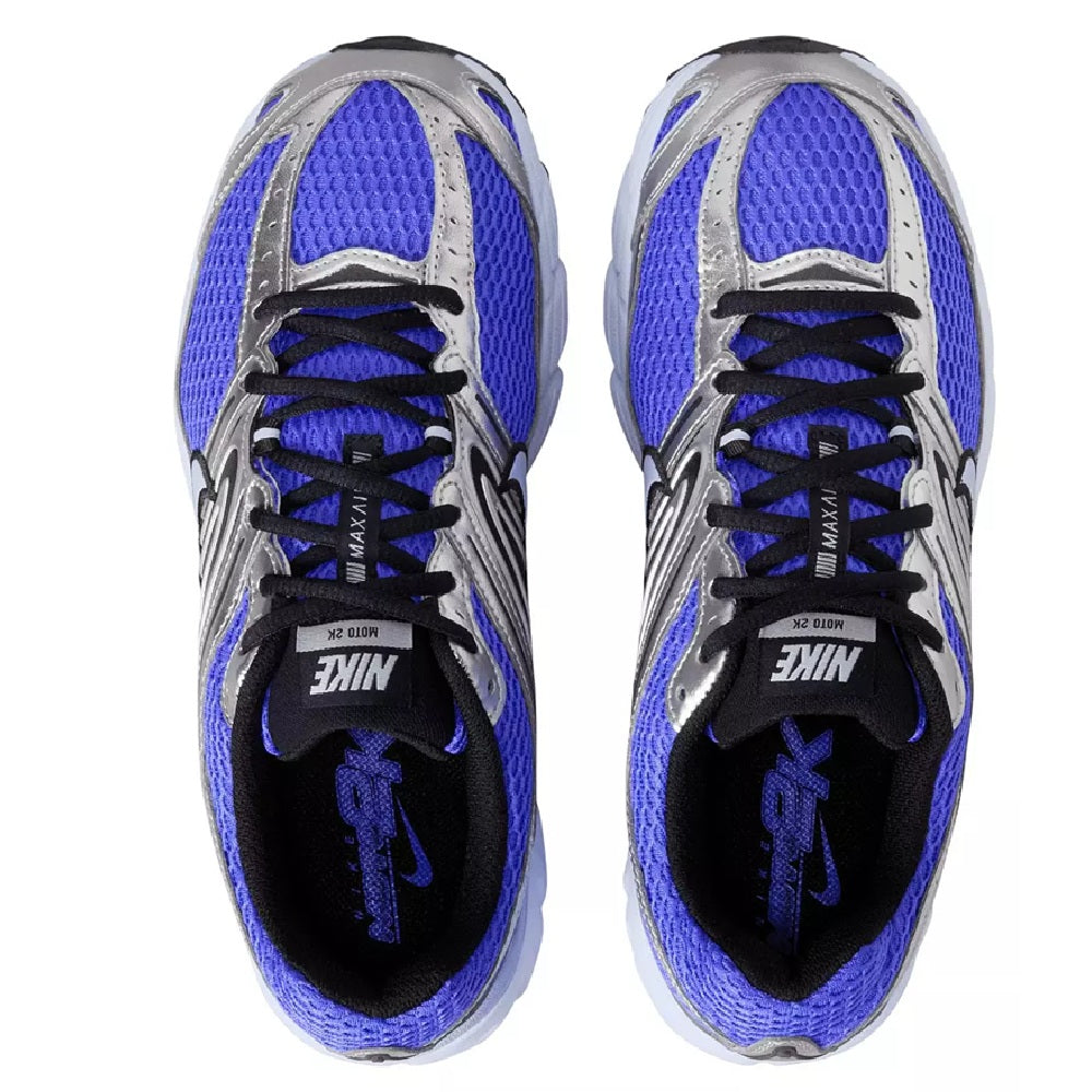 Nike Air Max Moto 2K sneakers, top view with blue mesh, gray overlays, black lace-up