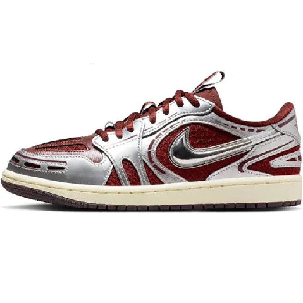 Women's low-top sneakers, white leather with dark red overlays and lace-up front.