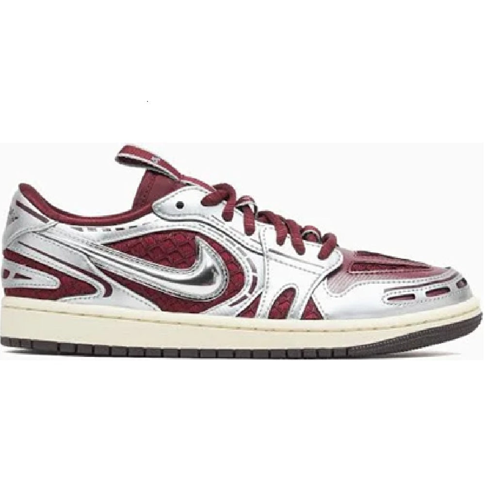 Women's low-top sneakers, white upper with dark red Swoosh and stitched panel details.