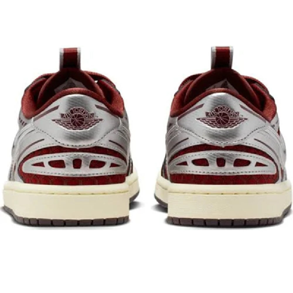Women's low-top sneakers, white back with dark red trim and beige rubber sole.