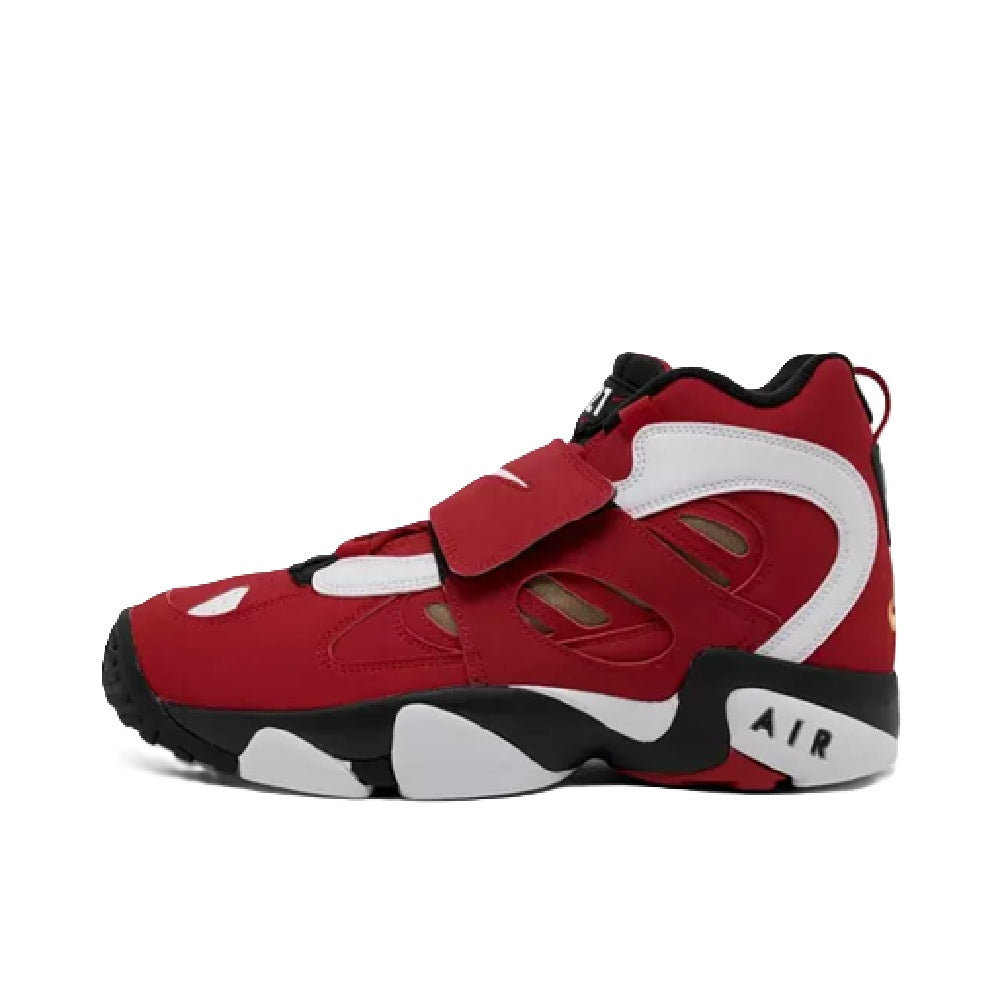Red, white and black high-top Nike Air sneakers with chunky side panels